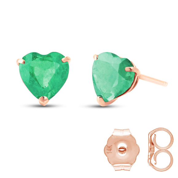 14K. GOLD STUD EARRING WITH NATURAL HEART EMERALDS (Rose Gold)
